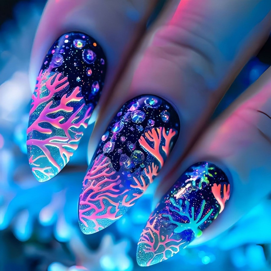 24pcs Medium Ballet Nails Purple Blue Floral with Mushroom Sea Plant Design