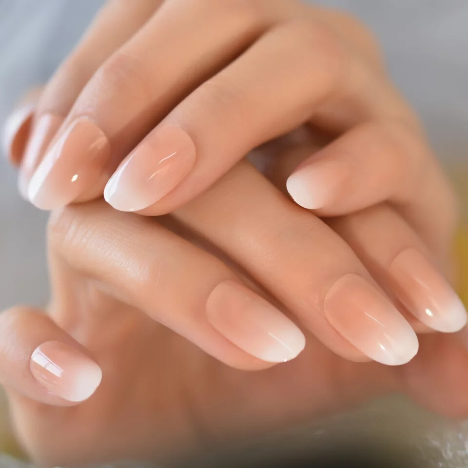 24 Medium Press on Nails kit glue on ombre french almond white nude