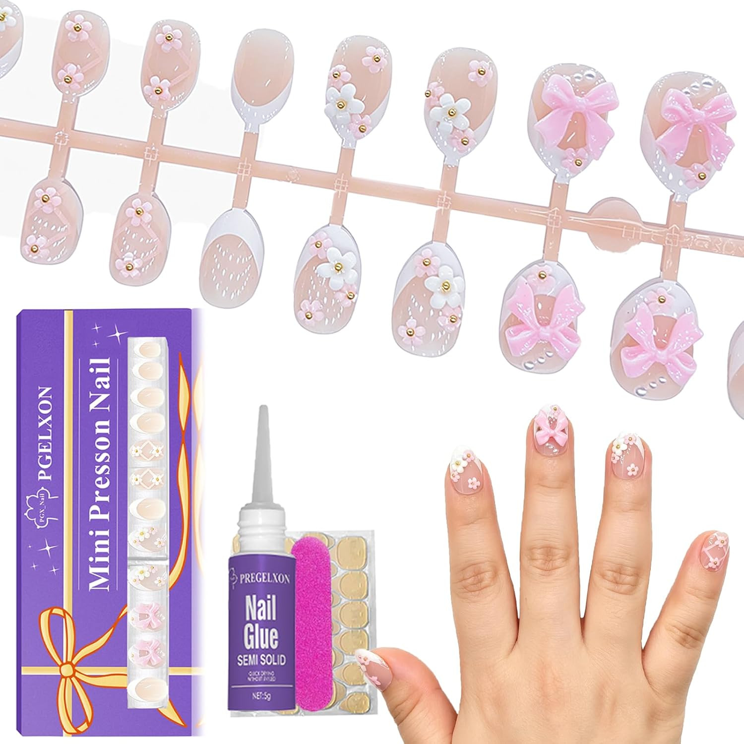 24Pcs Press on Nails for Kids, Trendy Ballet Bow & Flower for Girls 8-12 | Almon