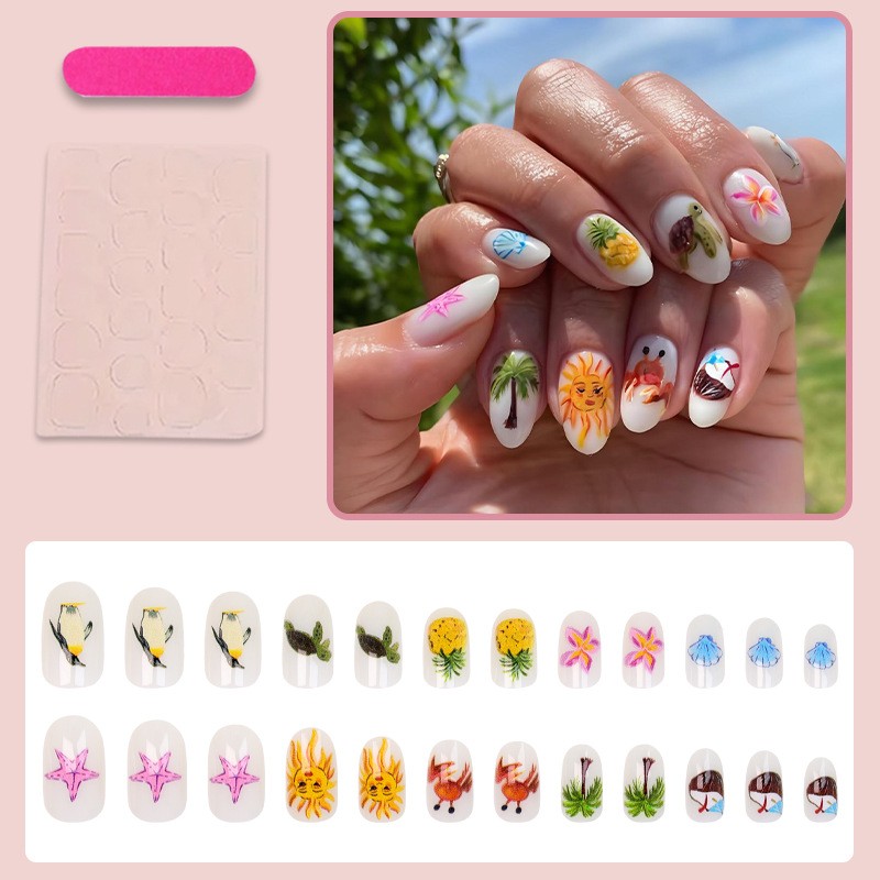 48Pcs-Long Almond White Beach Tropical Sun Turtle Crab Fake Press on Nails Set