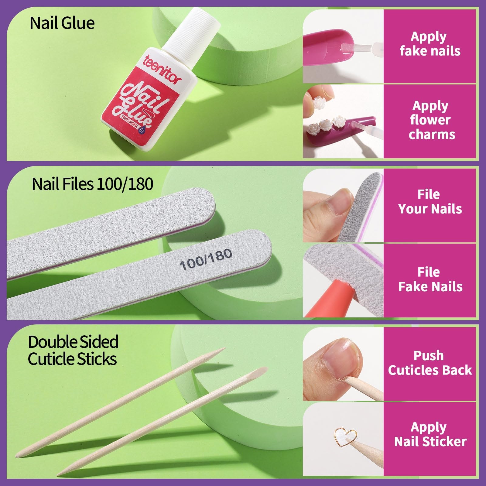 Long Fake Nails Kit – 10 Colors Matte & Glossy, 4 Glitter Press On Nails