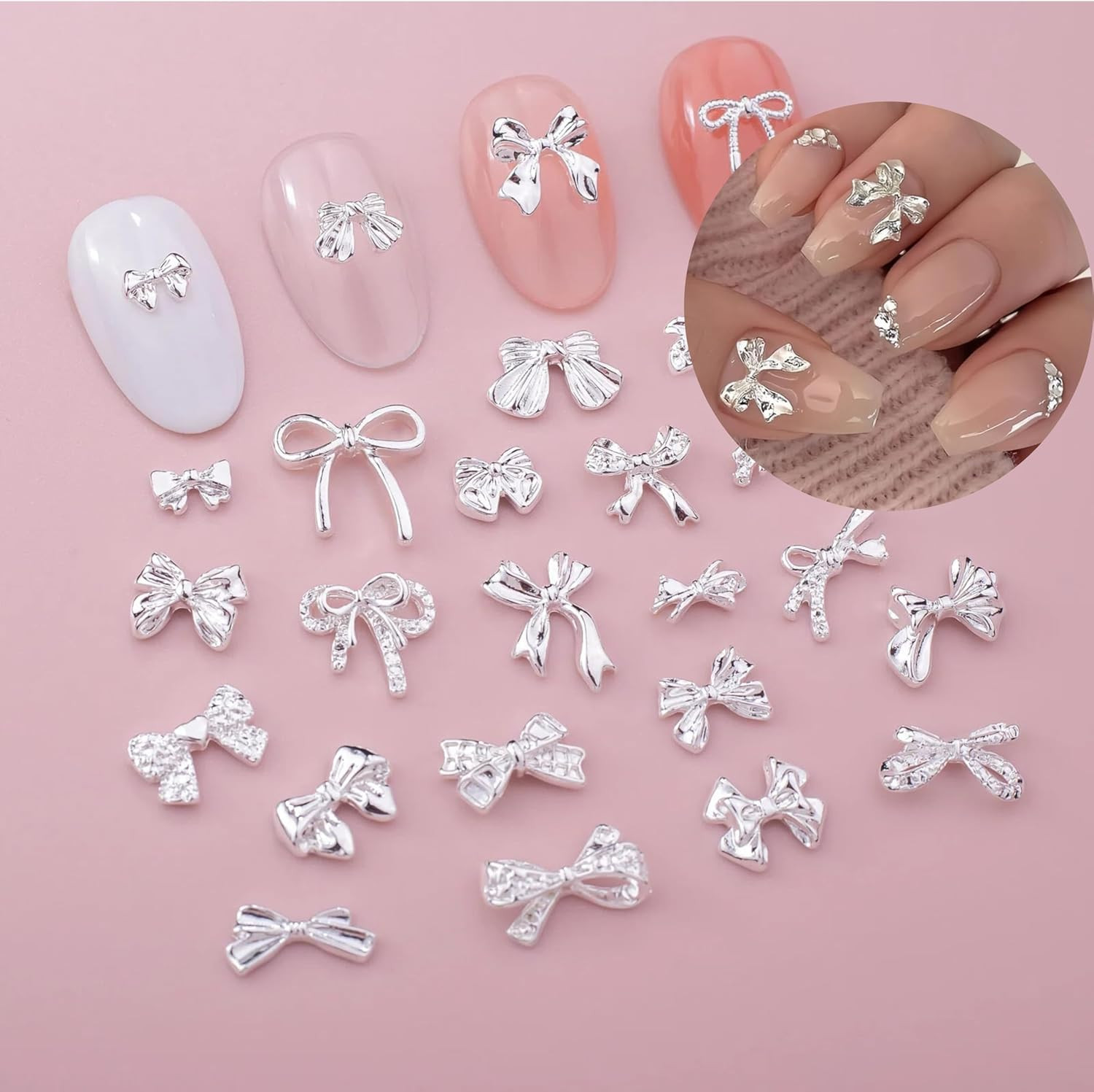 70PCS 3D Silver Bowknot Rhinestones Nail Art Charms Metal Bowknot Nail Rhineston