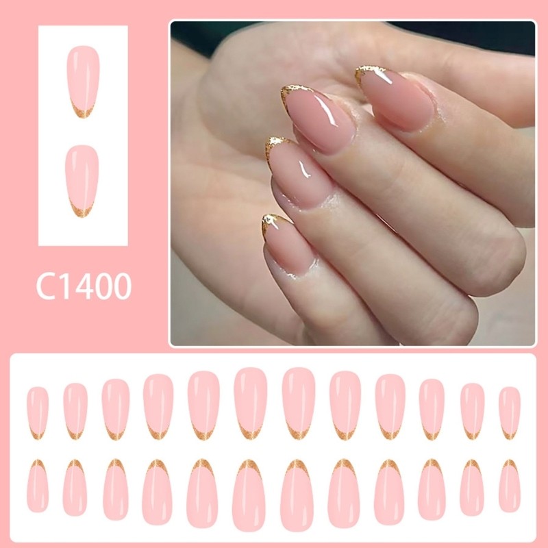 24Pc Middle Length Glitters Fake Nail Gold Trim French Tips Press On Nail