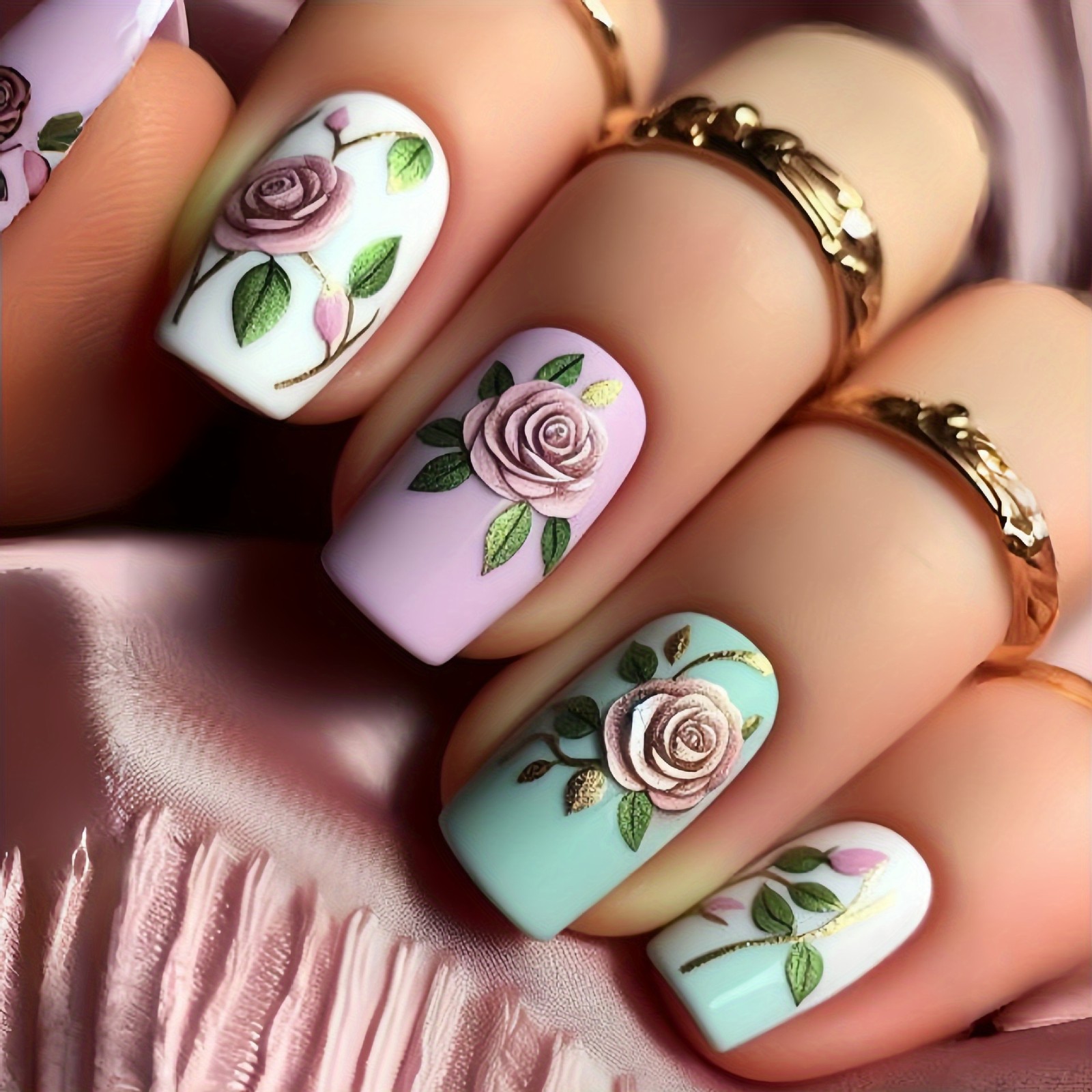 96PCS(4Pack) Rose Floral Press-On Nails Elegant Romantic Wearable Nails Art