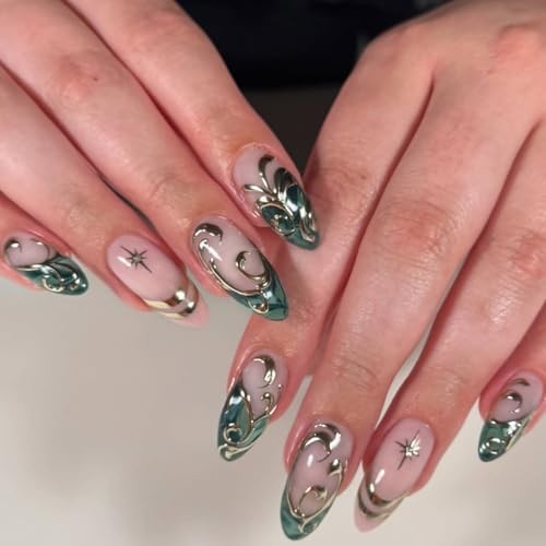 Teal Press on Nails with Silver Swirl Design Medium Almond Fake Nails color27