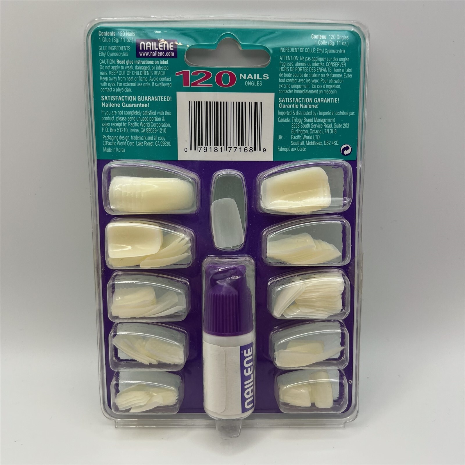 Nailene 120 Nails w/ Glue Medium Length Natural Curve Square 77168E NEW