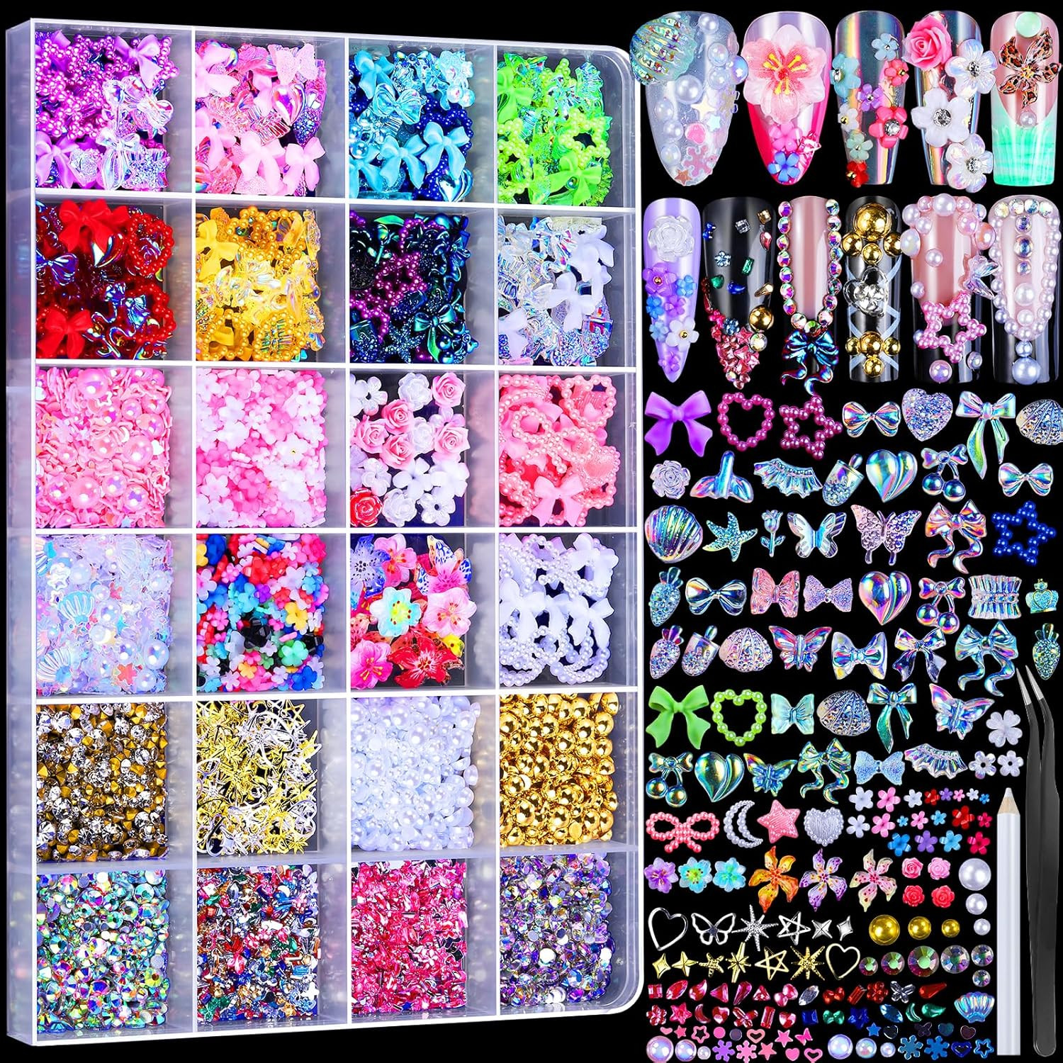 FAMDAMEI 24 Grid Nail Charms, Nail Art Kit with Multi Shapes Nail Charms and …