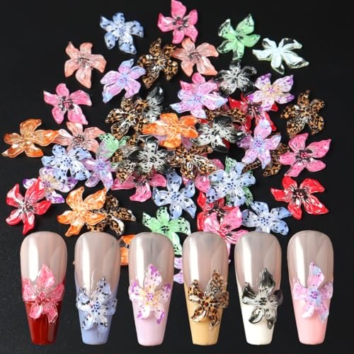 100PCS Nail Charms Acrylic Flower Nail Art Decorations 3D Lily Hibiscus Floral