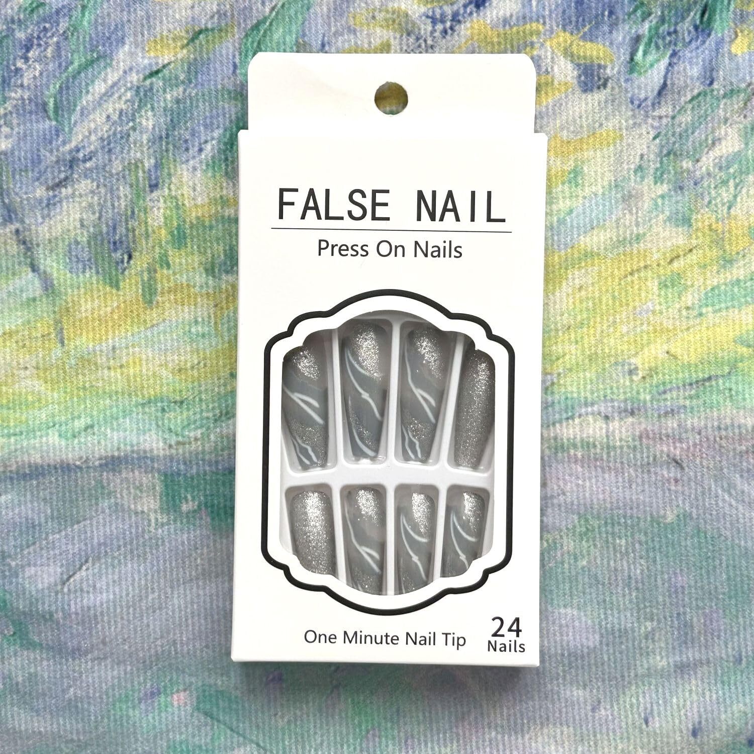 Glitter Coffin Press-On Nails Silvery Marble Gradient Full Cover Artificial Nail