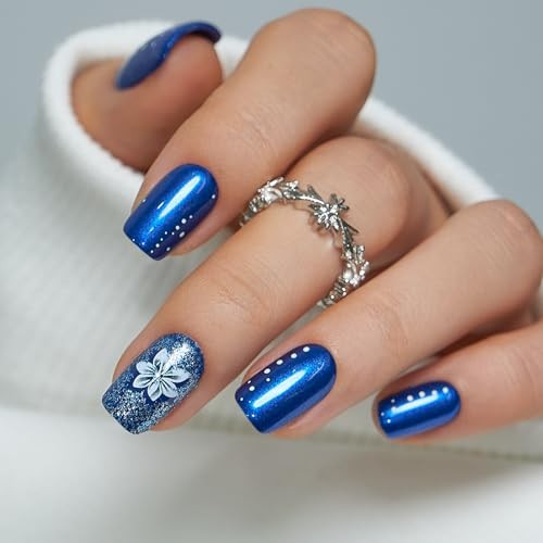 Press On Nails Short Square – Metallic Royal Blue Nails with White Flowers