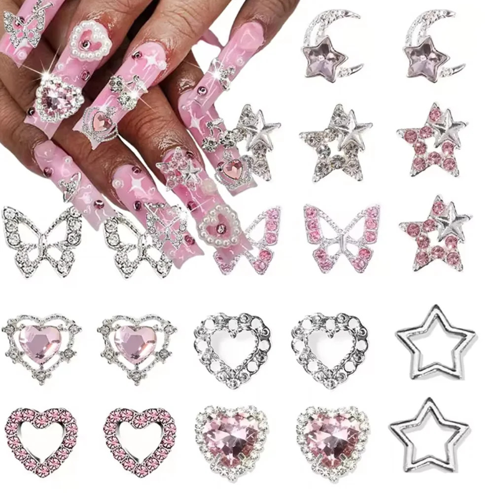 40PCS Y2K 3D Silver Star Nail Charms Pink Nail Rhinestone Multi Style Nail Art