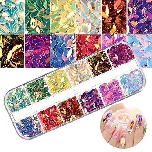 12 Colors Nail Art Glitter Sequins, 3D Sparkly Leaf Shape Nail Leaf Flakes