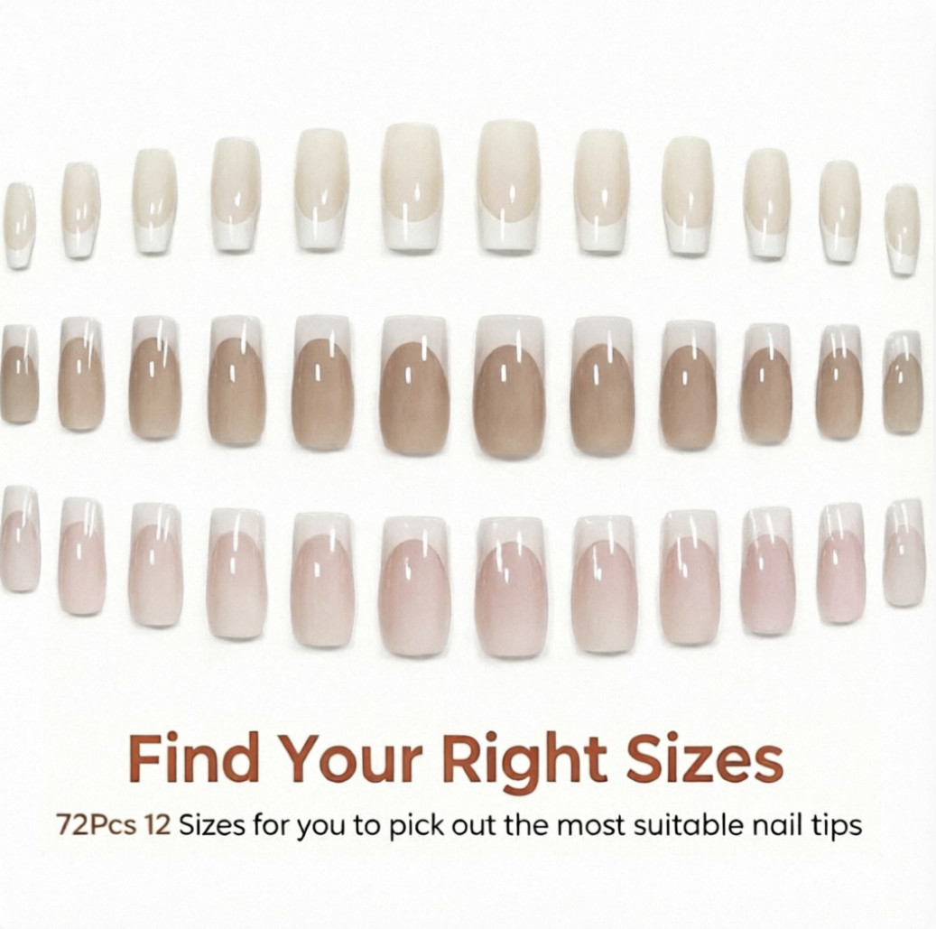 72Pcs 12 Size French Tip Press On Nails Soft Gel Glue On Nails Nude for Women US