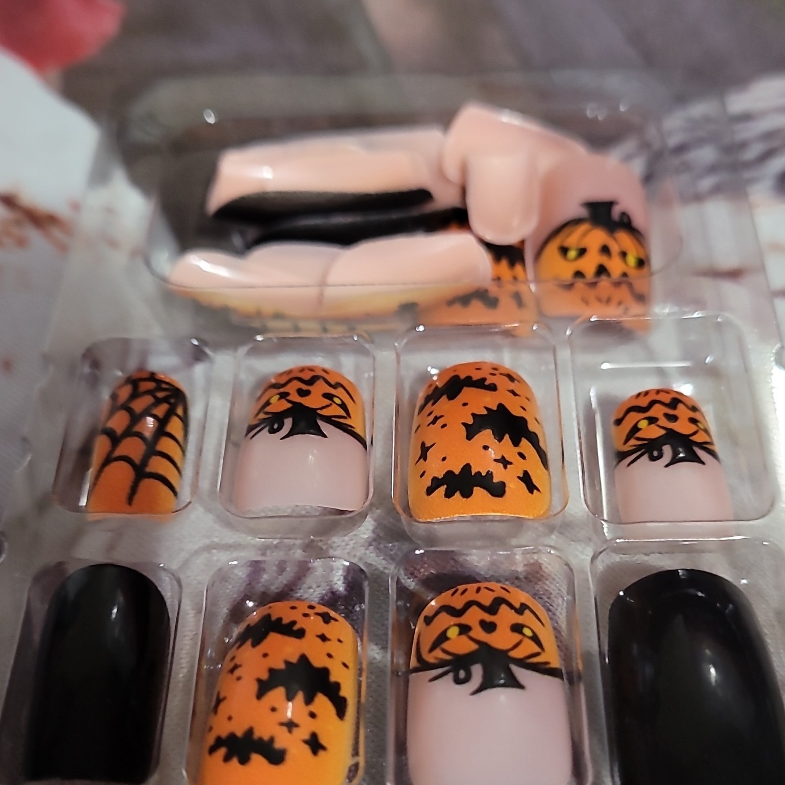 Pre-Designed Press-On Nails Medium Square 3D Halloween Orange Black Nude