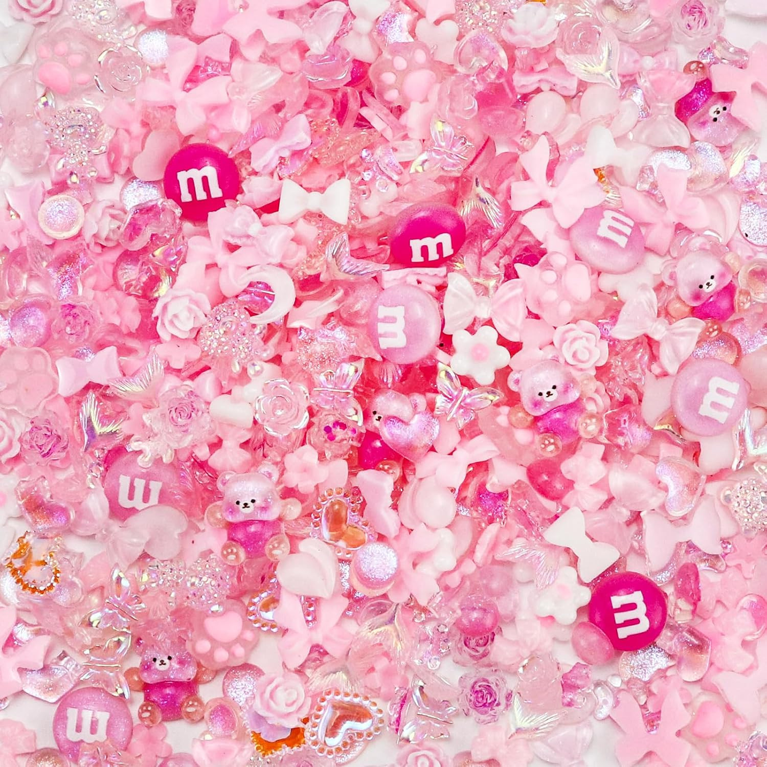 320Pcs Pink 3D Nail Charms Flatback Resin Heart Star Bow Flower DIY Mix Set
