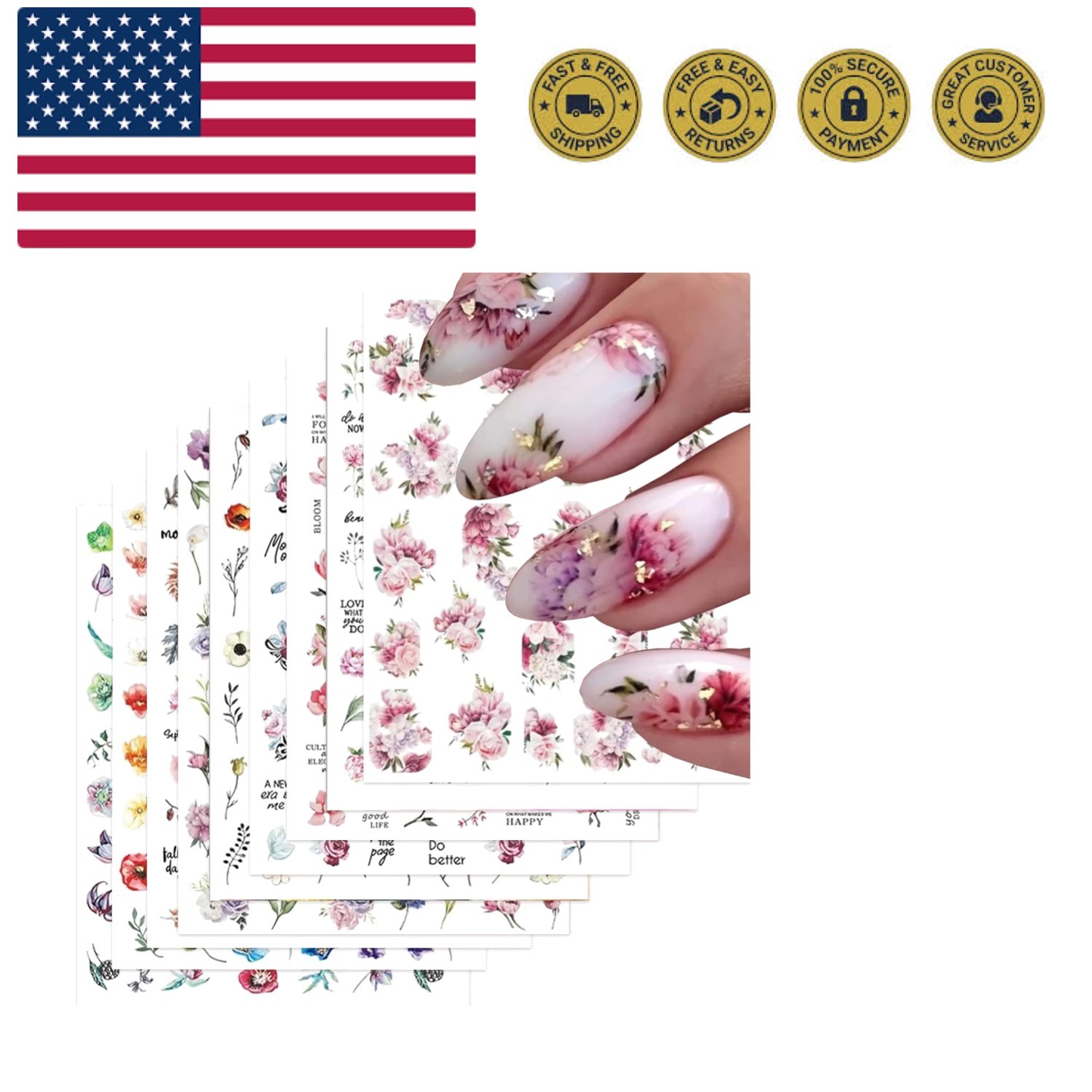 9 Sheets Flower Nail Art Stickers Decals 3D Self-Adhesive Nail Decals Spring …