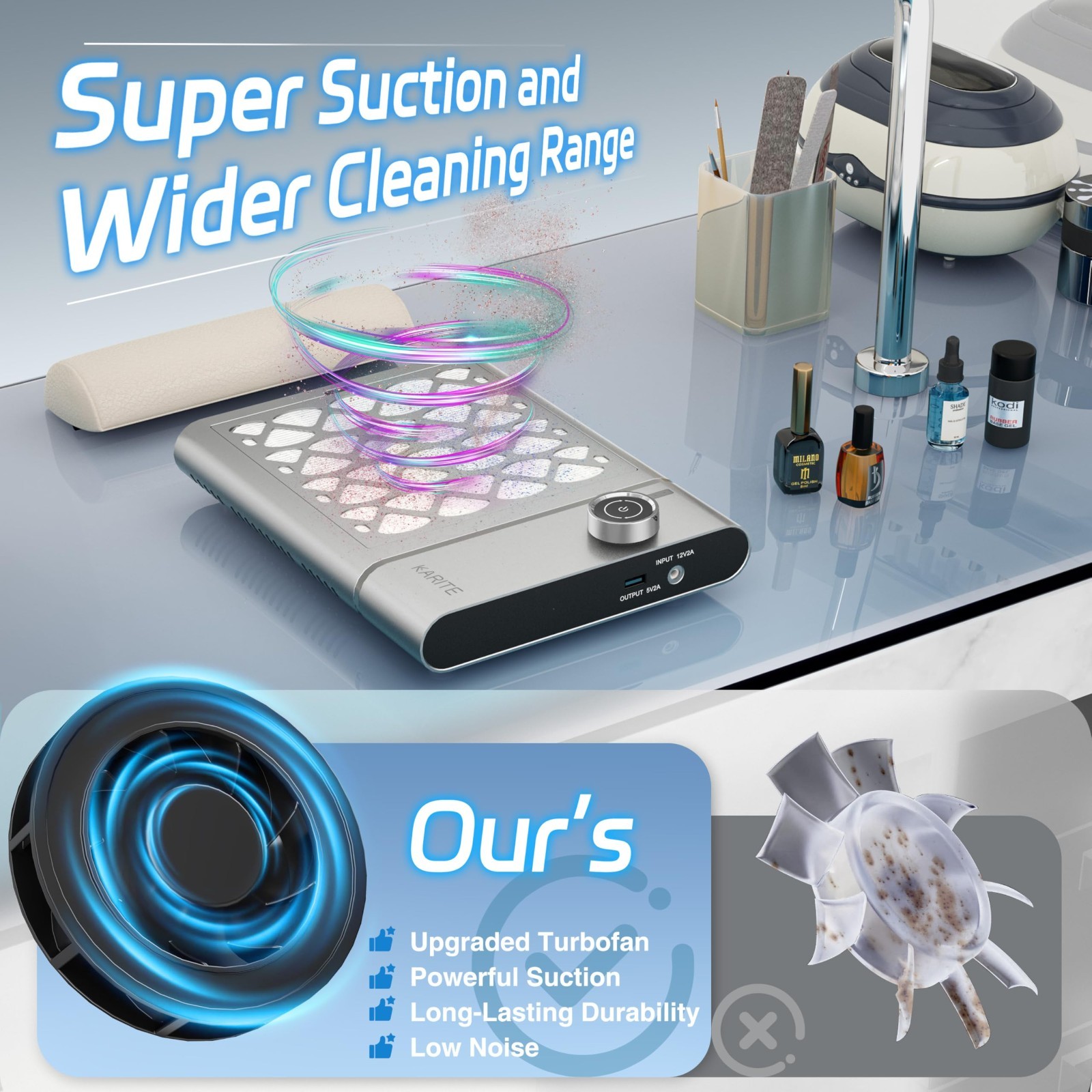 Nail Dust Collector Vacuum with Filter & 30 Papers, 5000RPM Suction, Cordless &