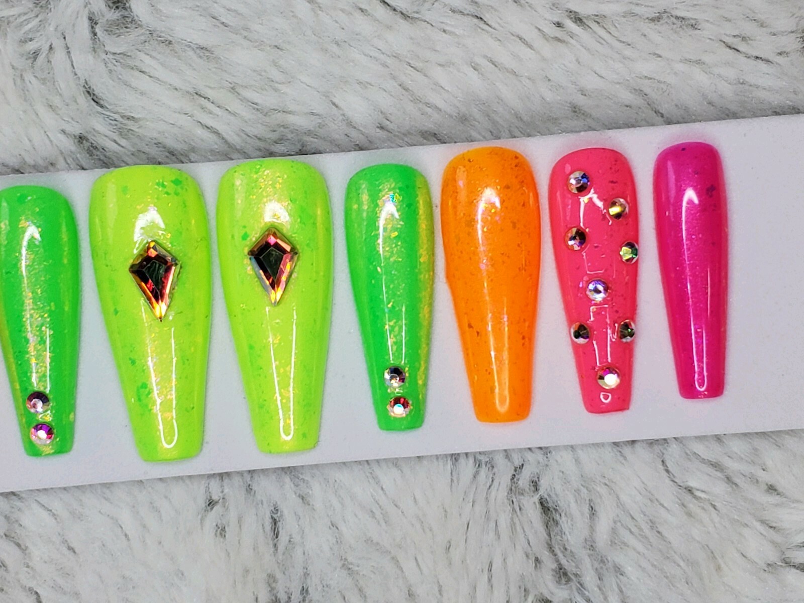 Bright neon rainbow studded crystal nails press on nails bling diamond ballerina