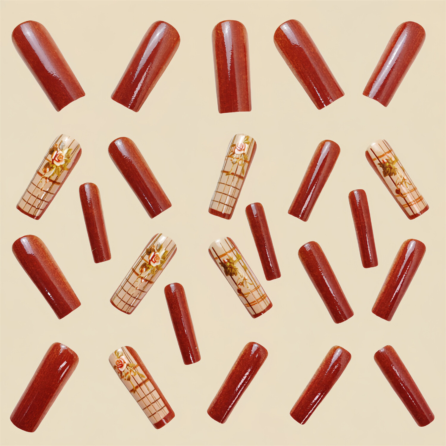 Long Square Press-On Fake Nail Valentine’s Day Rose Brown Plaid Manicure 24pcs