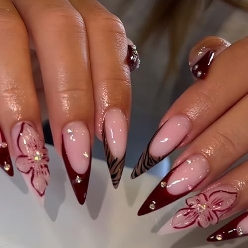 Long Press on Nails Stiletto Fake Nails French False Nails Brown B01-15