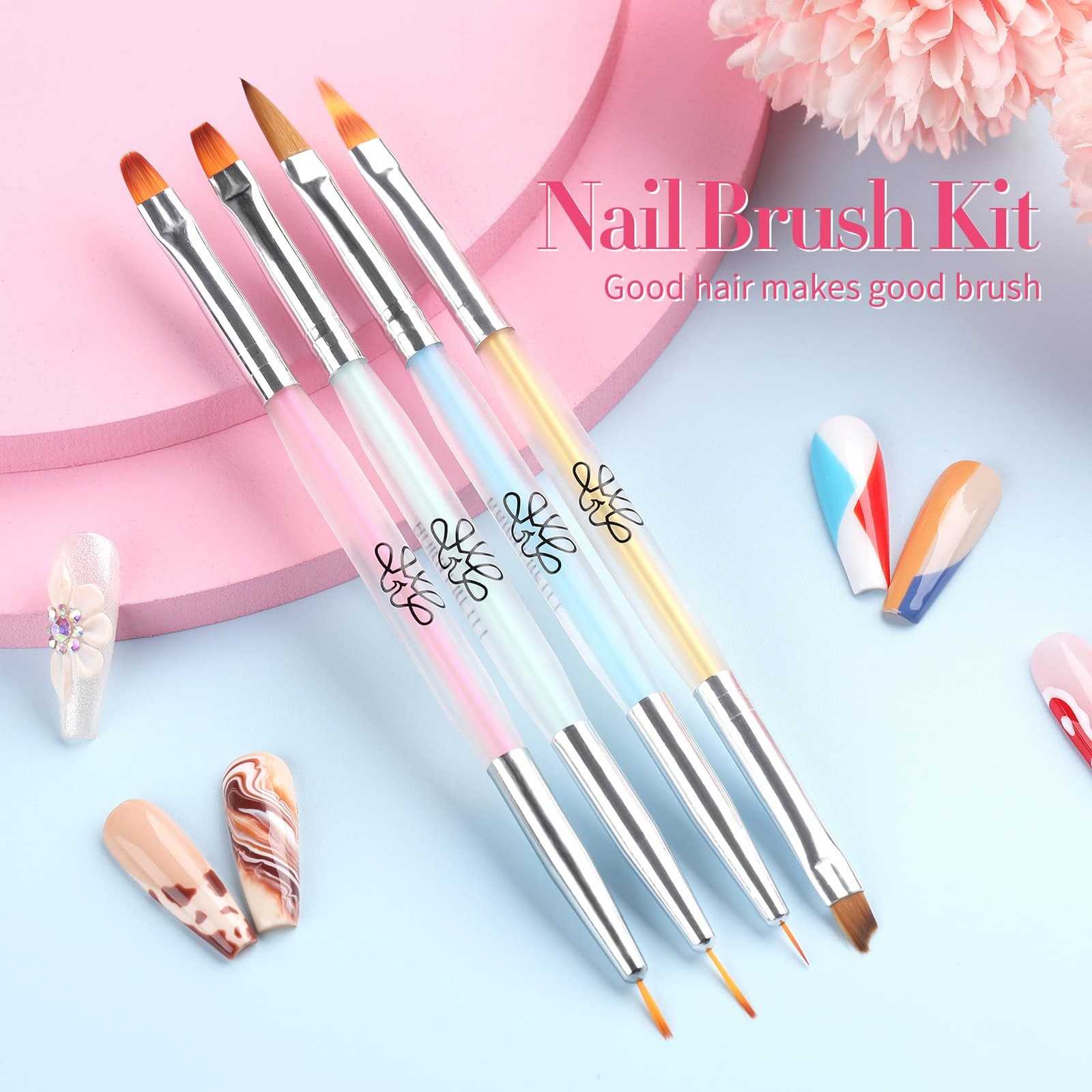 Double-Ended Nail Art Brushes 4Pcs Tool Set Gel Polish Liner Design Pen