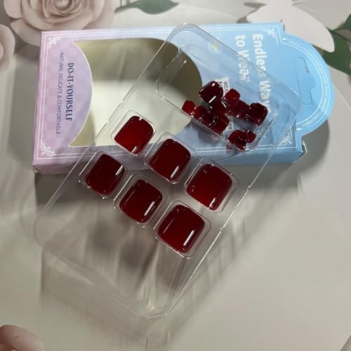 Wine Red Press On Toenails Glossy Solid Color Short Square Fake Toe Nails Red2