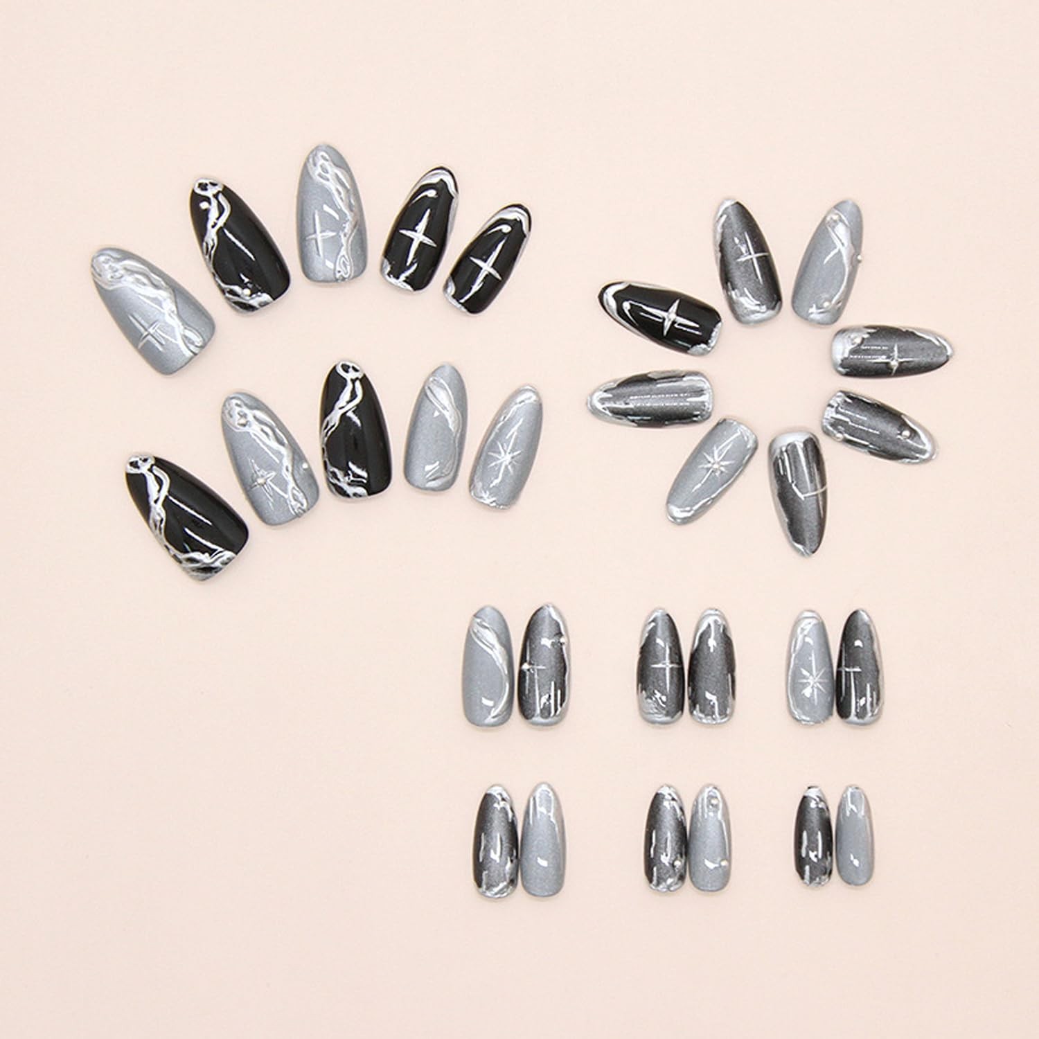30Pcs Silver Chrome Press on Nails Short to Medium Almond, Colorful -37