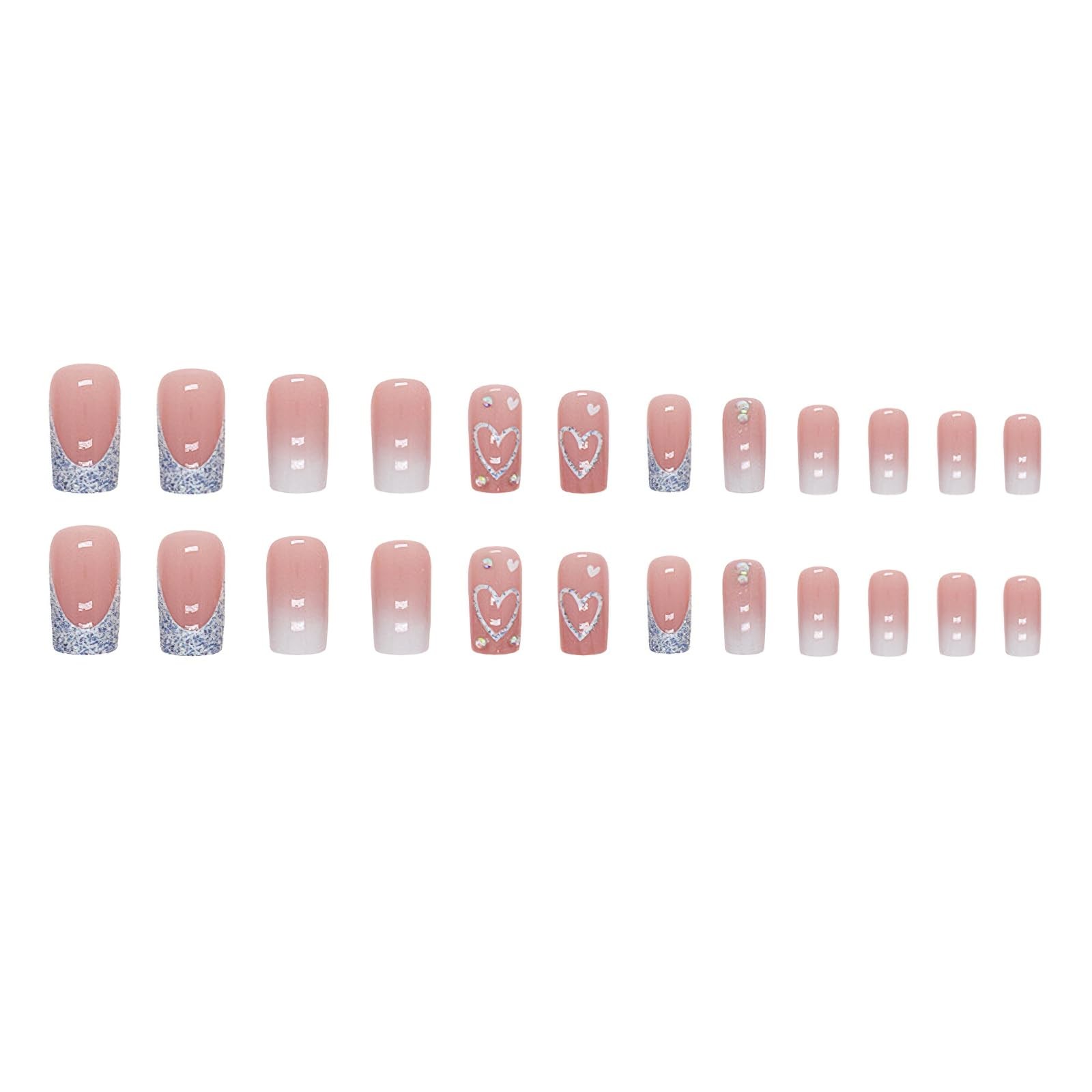 Blue Heart Press on Nails Medium Square Fake Nails Glossy Glitter French Tip