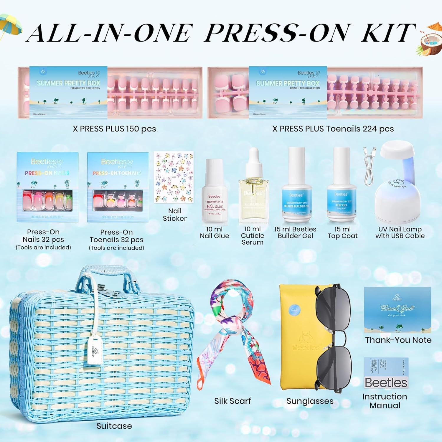 Beetles X Press on Nails Kit French Tips with Nail Gels and Tools Best Gift