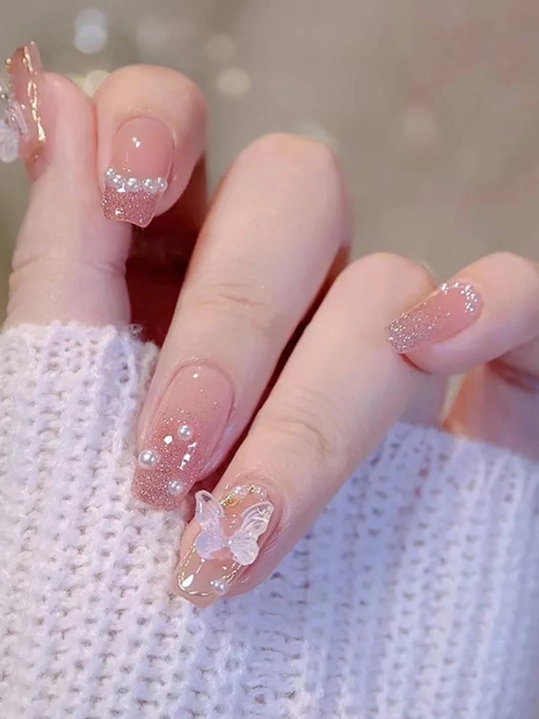 Secret Lives® acrylic translucent press on nails artifical designer 3D white bow