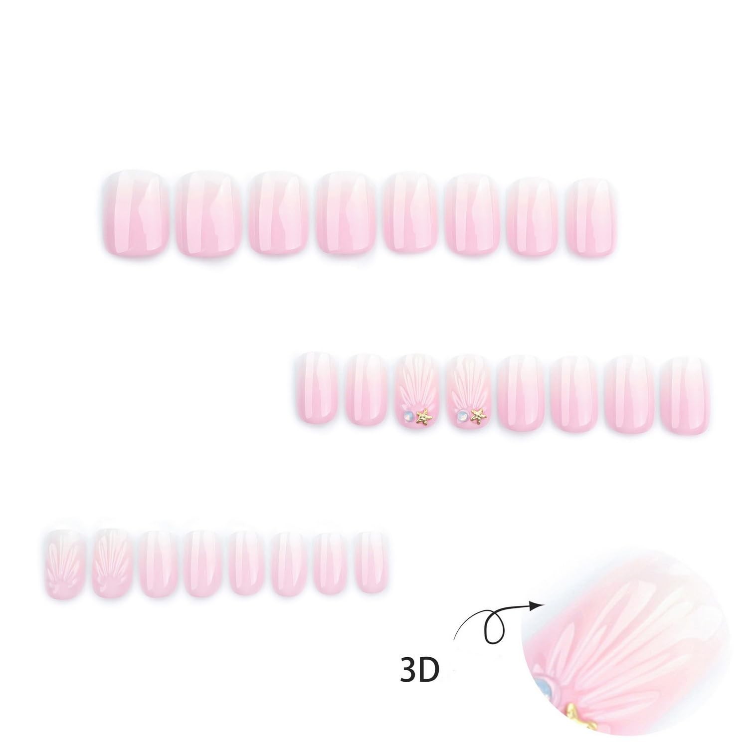 Pink White Gradient Press on Nails Short Square Fake Nails Summer Shell Patte…