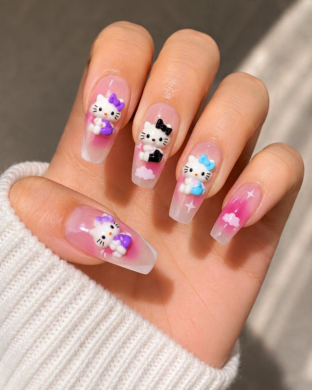 3D Cartoon Press-On Nails Pre-Designed Long Coffin Pink/White/Purple/Blue