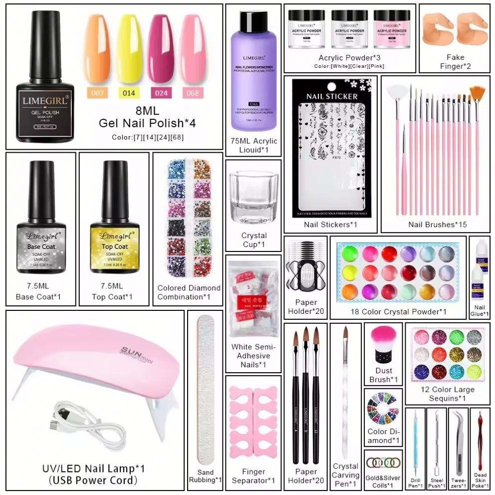 Acrylic Nail Kit with Lamp Light Acrylic Glitter Powder