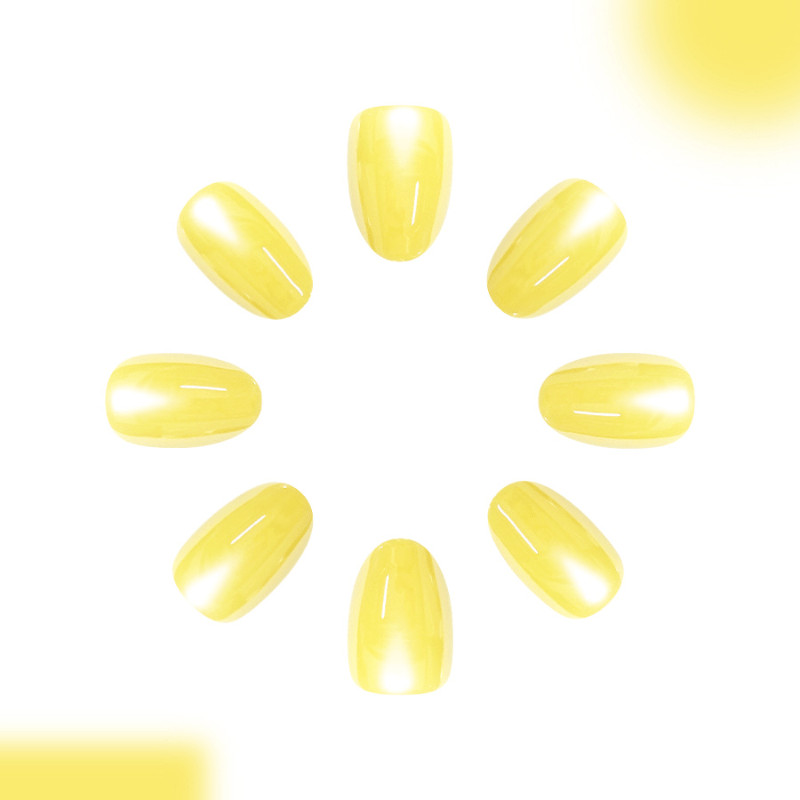 48pcs Short Oval Press on Nails, Cream Yellow Solid Cat Eye Casual Gloss Nails