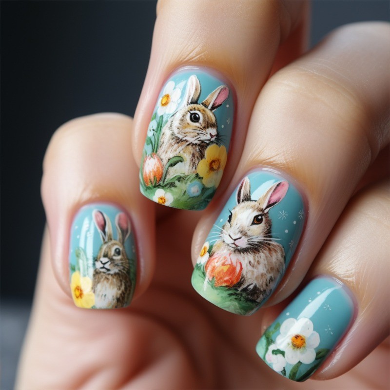 48PCS oval Easter bunny flower nail press can be reused, fake nail art