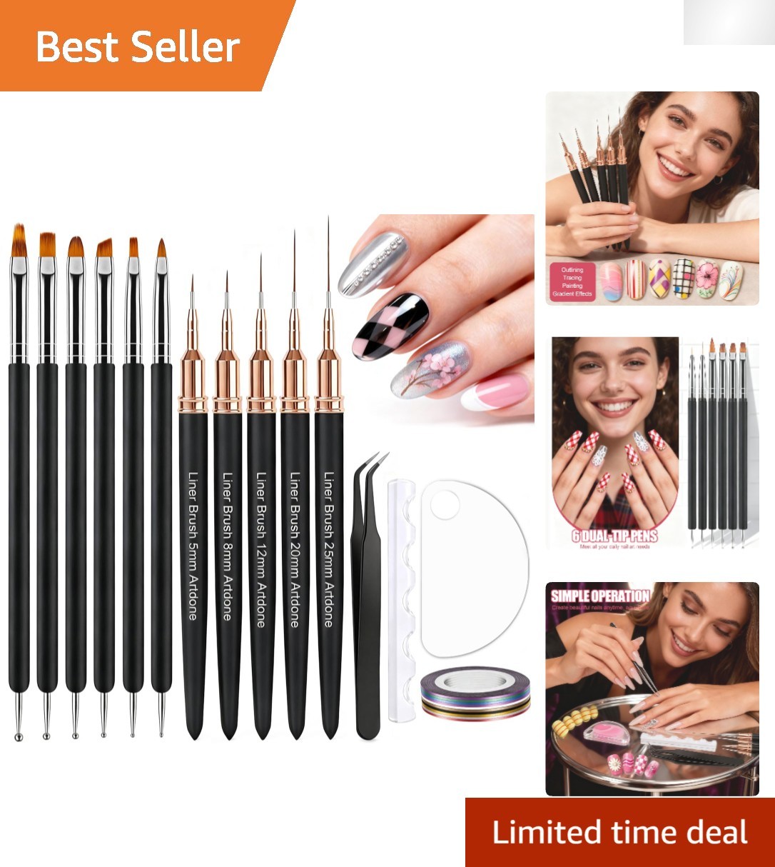 Elegant Nail Art Taping Kit: 10 Vibrant Colors with Essential Brushes & Tools