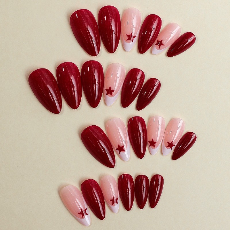 48 vibrant red and nude star shaped press in nails – medium almond length nail