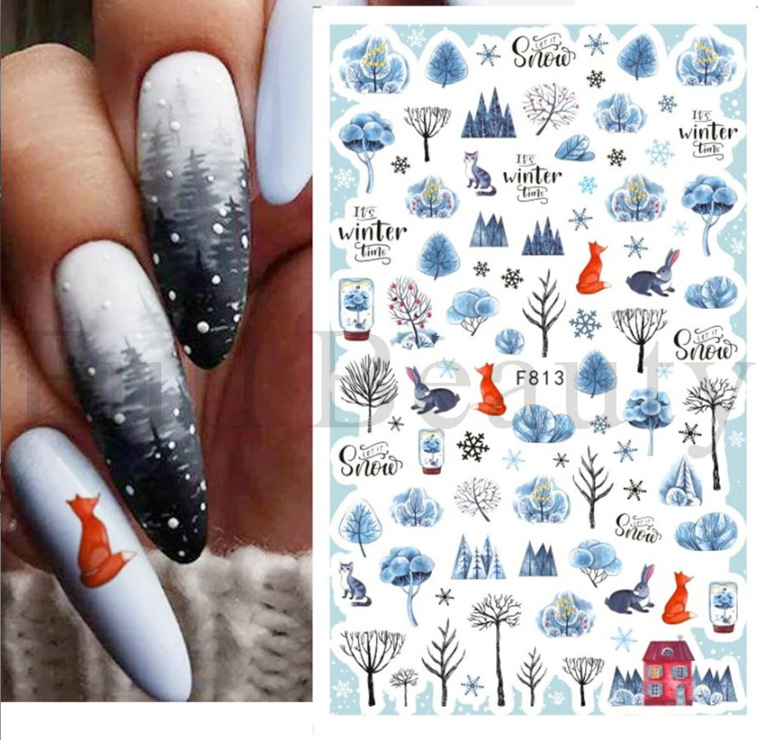 Nail Art Stickers Decals Winter Spring Snow Animal Deer Pine Cotton Plants NH21