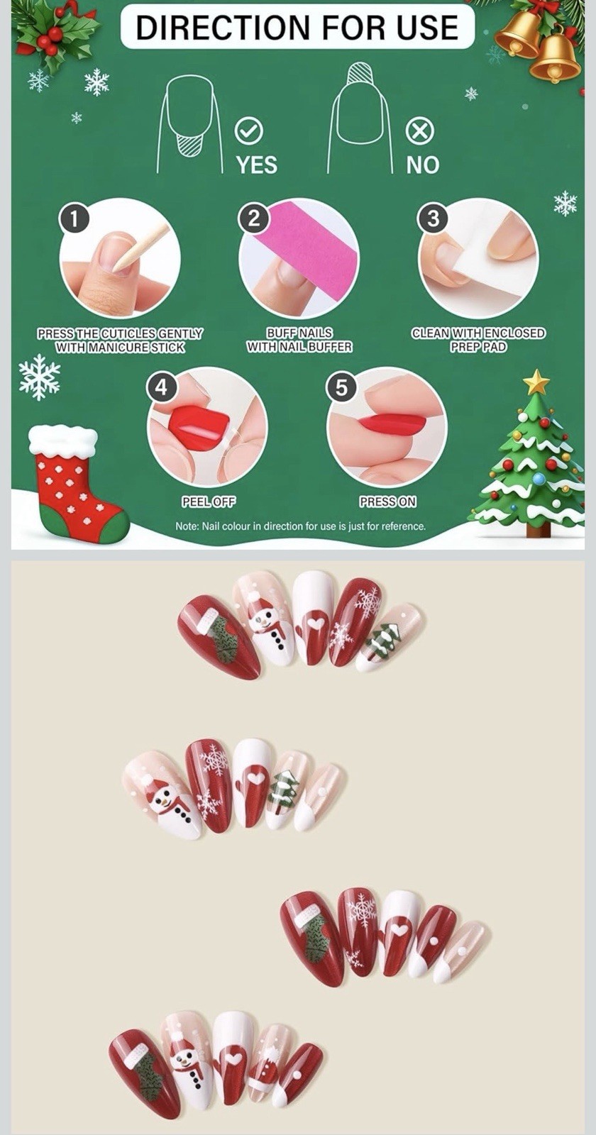 Christmas Press On Nails, New Medium Almond Red French Tip Fake False Cute