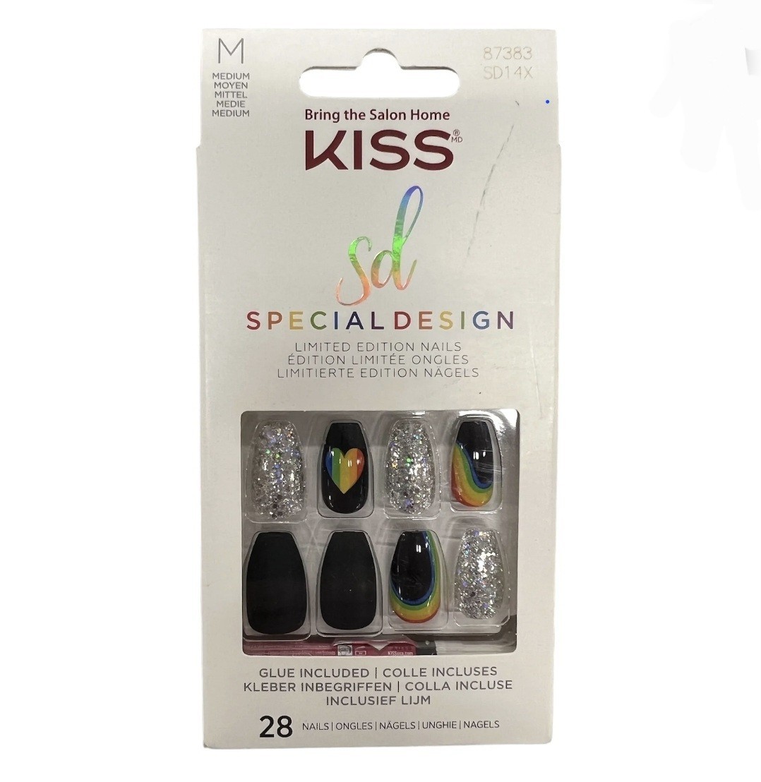2 Boxes Kiss Special Design Glue-On Black Medium Length Rainbow Pride Nails