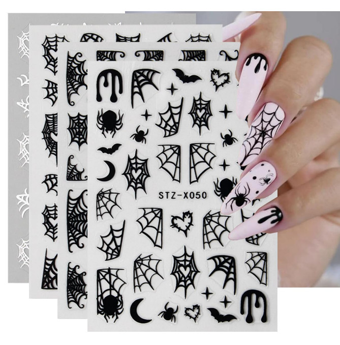 Halloween Nail Art Stickers Black White Spider Web Blood Star French Decals NH30