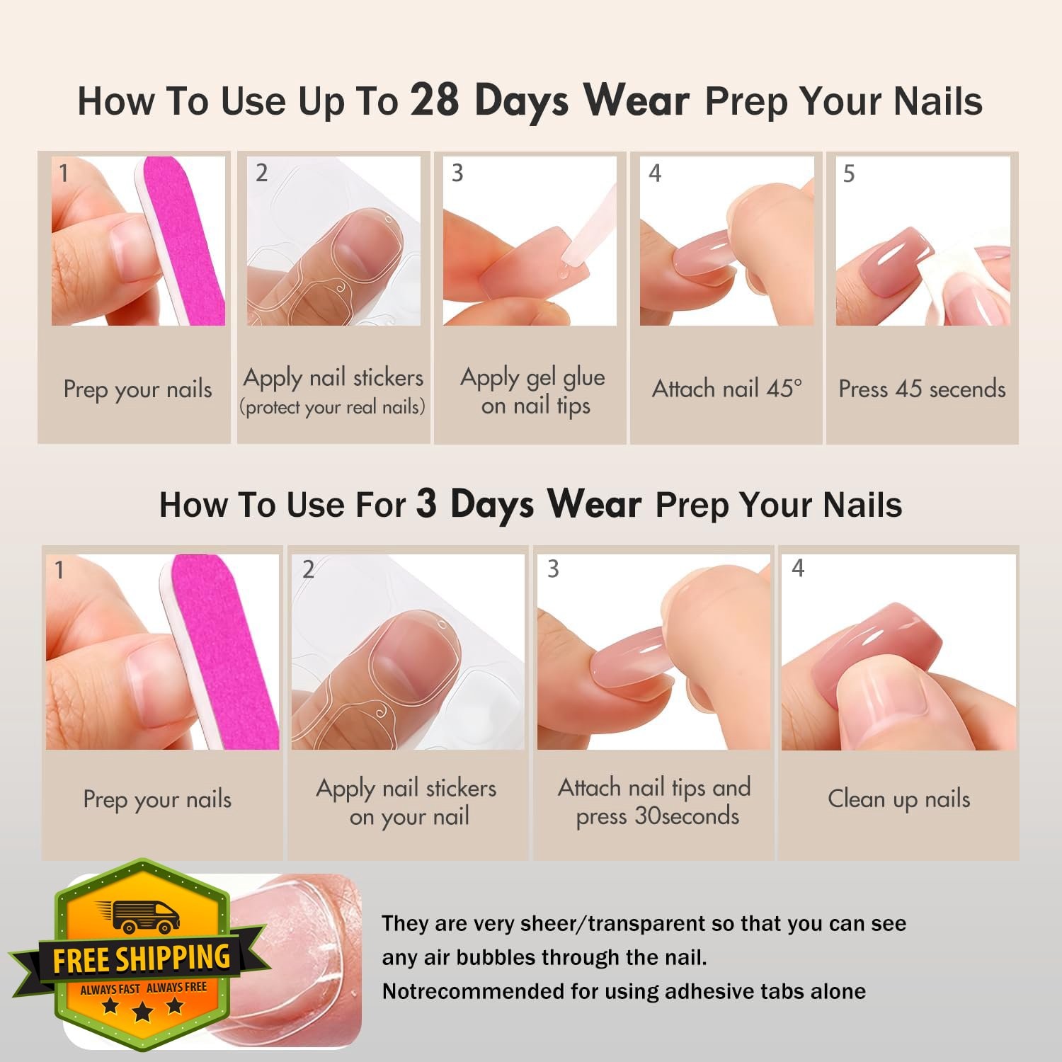 SXVME long square press on nails pastel pink