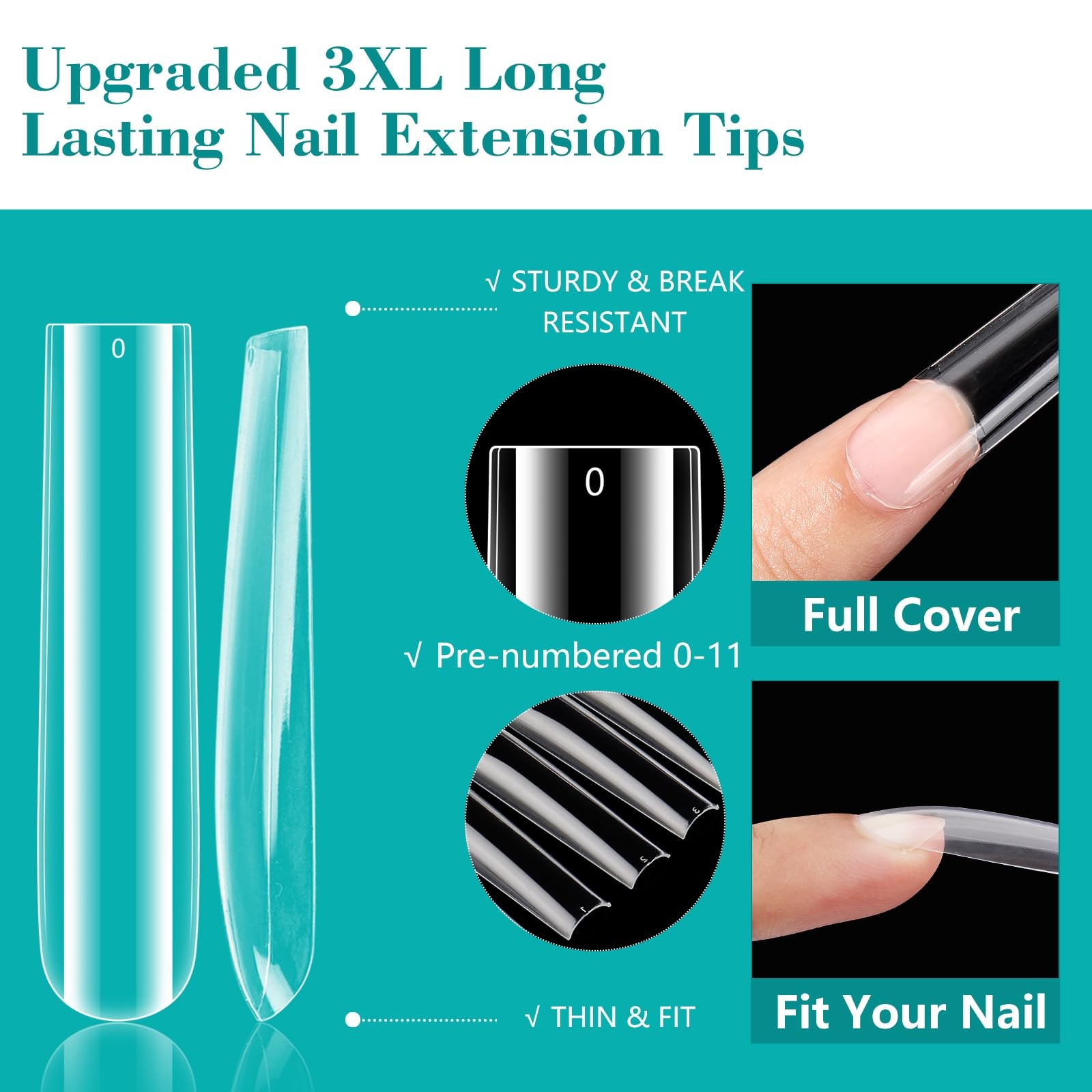 3XL Clear Full Cover Nail Tips for Acrylic Nails Professional, 240PCS Extra L…