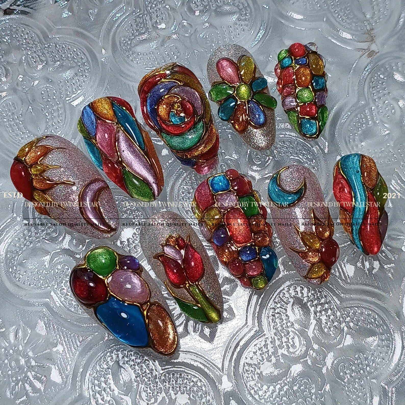 Handmade Stained Glass Colorful Gem Tulip Moon Gold Wire Almond Press on Nails