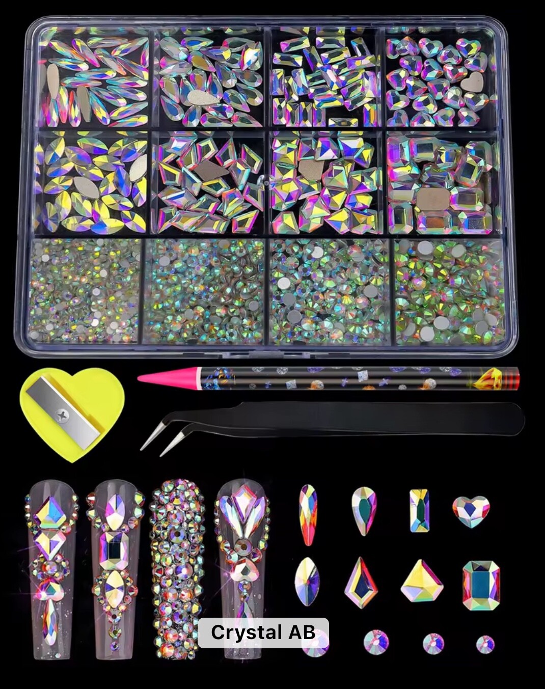 AB Crystal Pink Red Glass Multi Size Multi Shape Rhinestones Art Kit