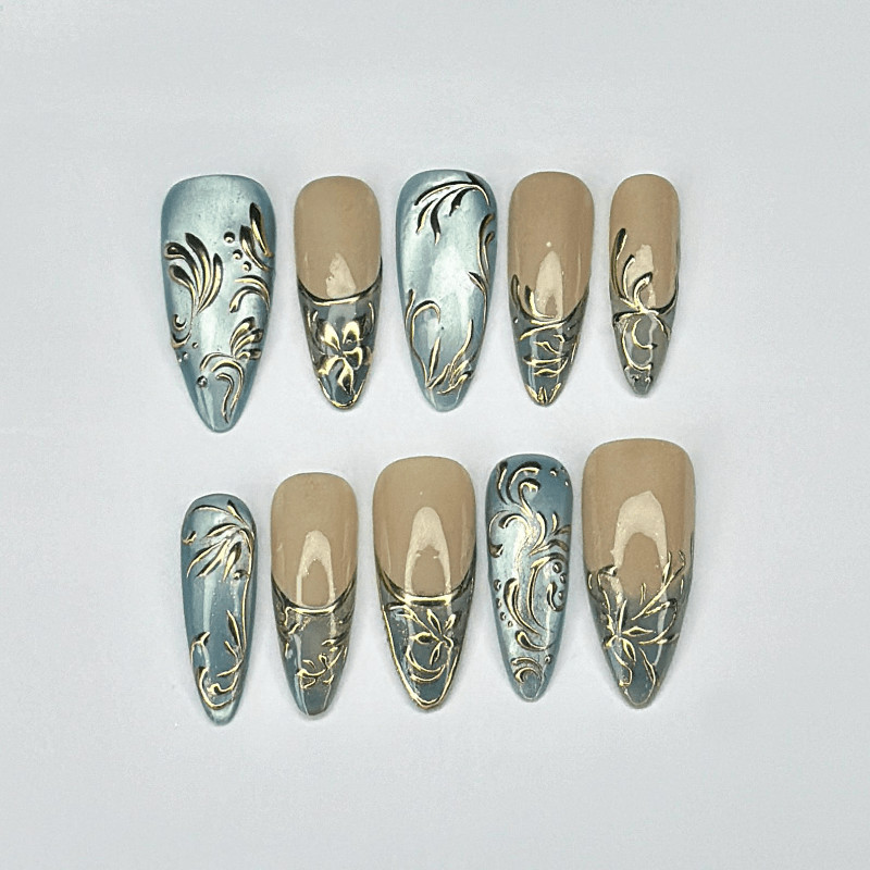 Ice Blue Metal Handmade Press on Nails Vine Gold Line French Minimal Fake Nails