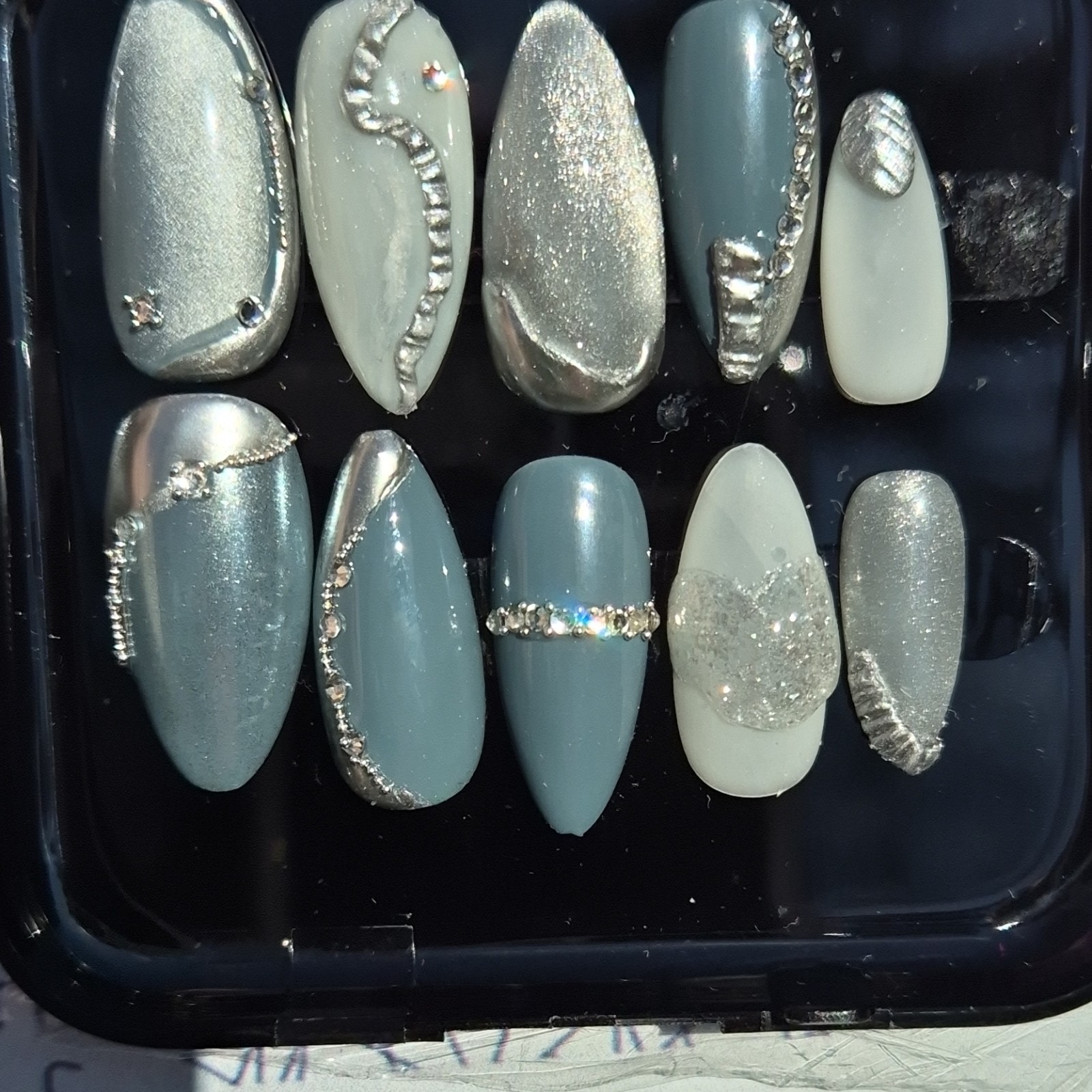 Nikki N Her Nails Silver Gray White 3D Glitter Almond Press-On Nails Pre-Design…