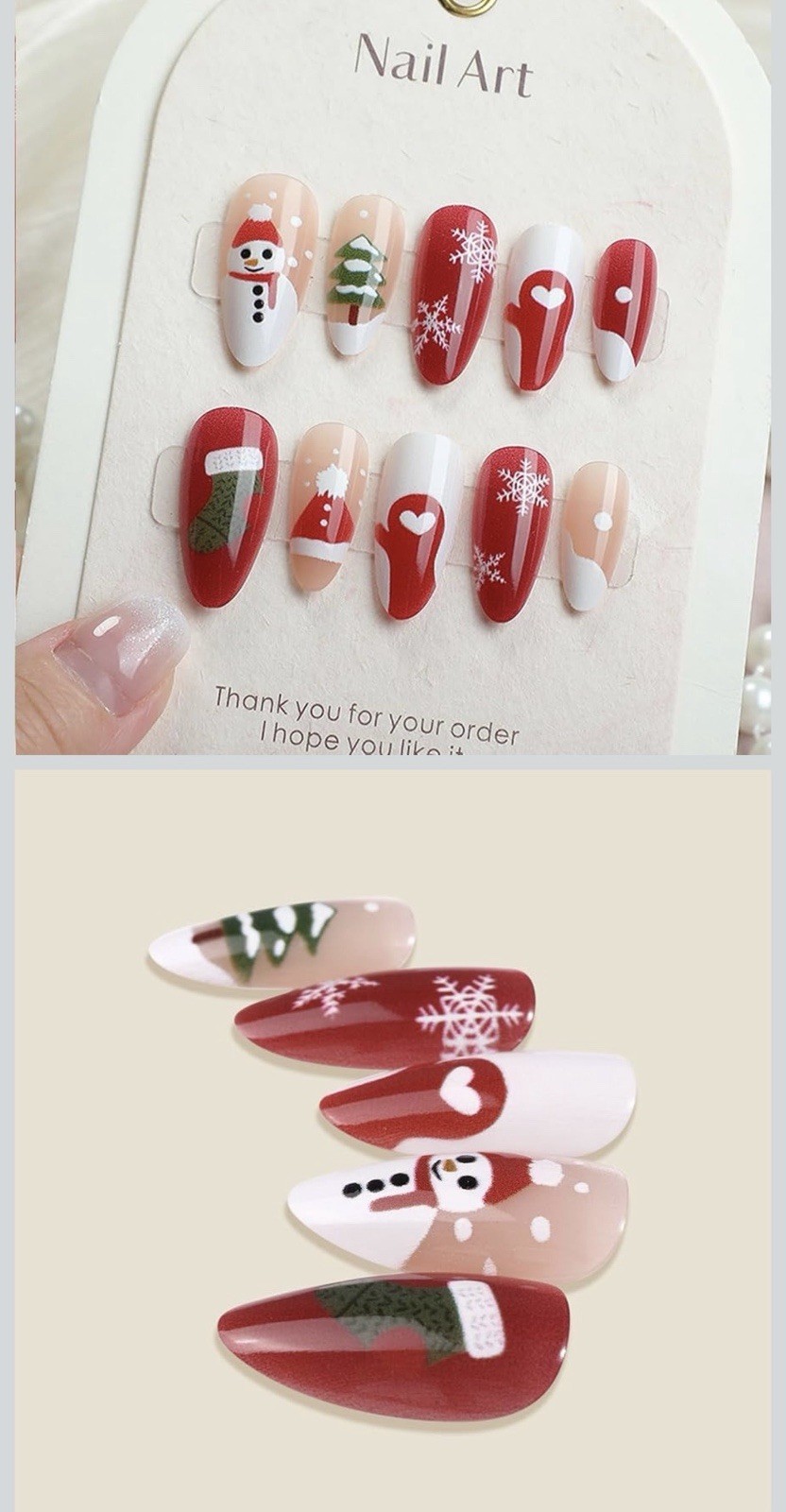 Christmas Press On Nails, New Medium Almond Red French Tip Fake False Cute