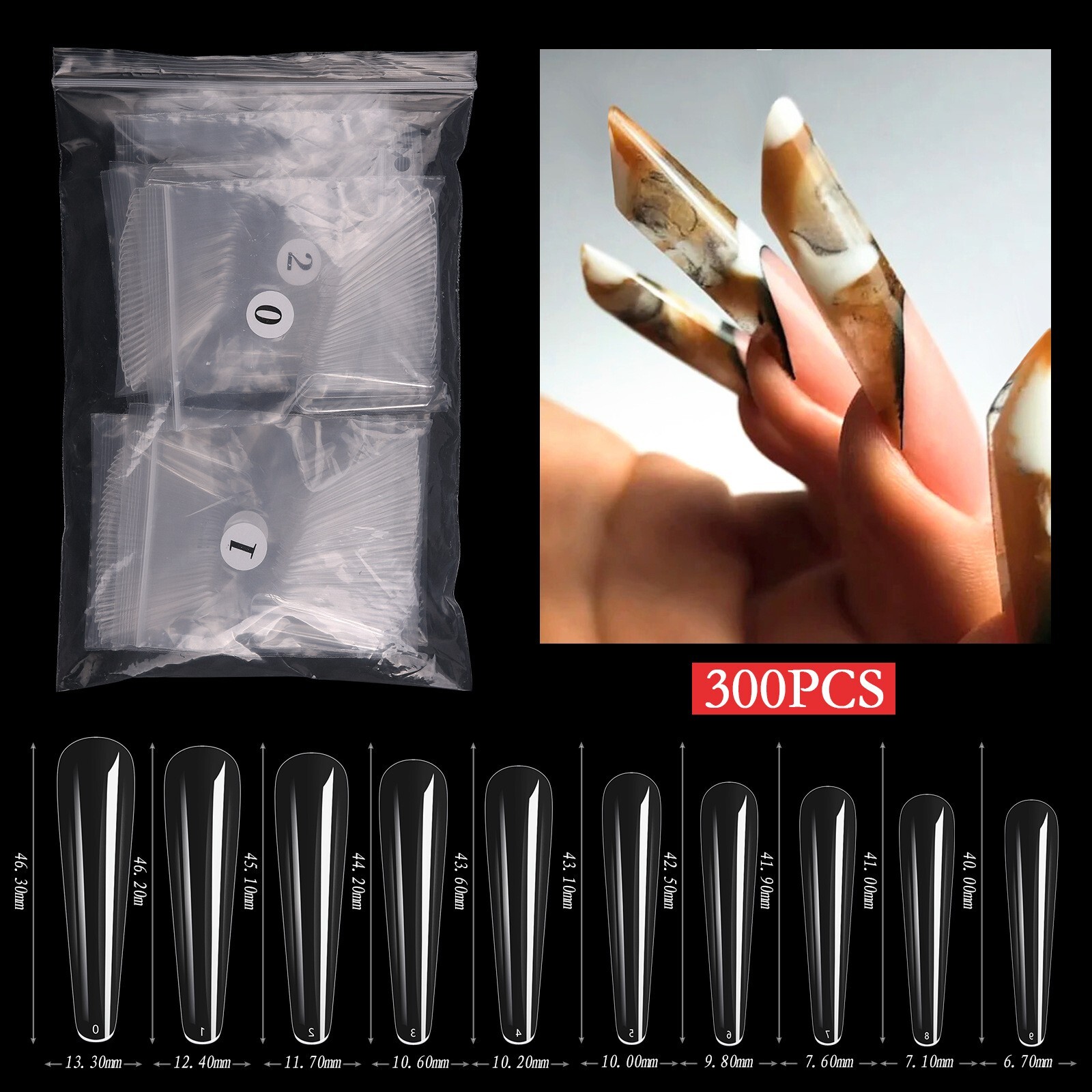 300 Pcs Stiletto Rhombus False Nail Tips XXXL Full Cover Artificial Nails DIY