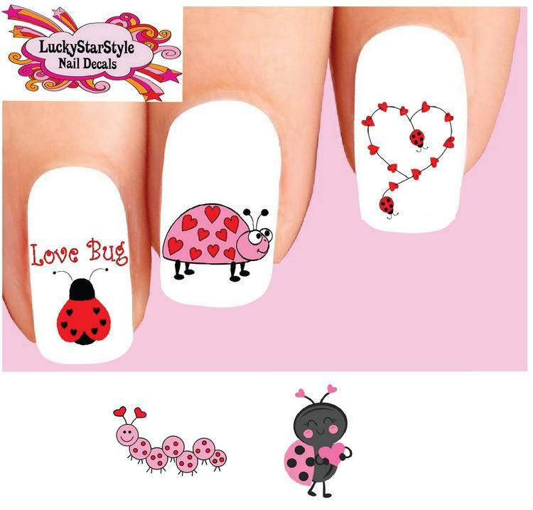 Waterslide Nail Decals Set of 20 – Valentines Day Love Bug Hearts Assorted